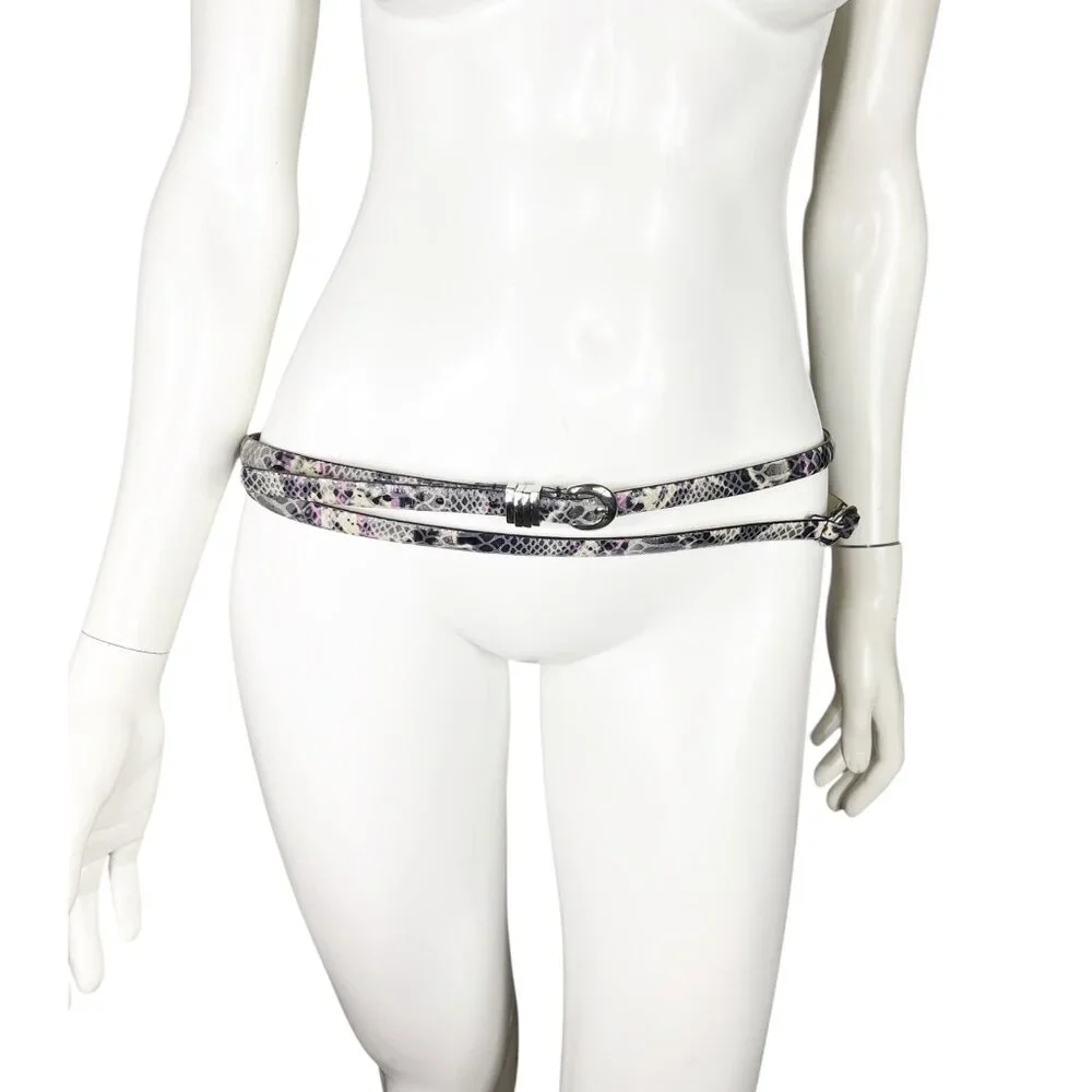 Lodis Textured Leather Snake Print Double Wrap Belt Size Medium Silvertone